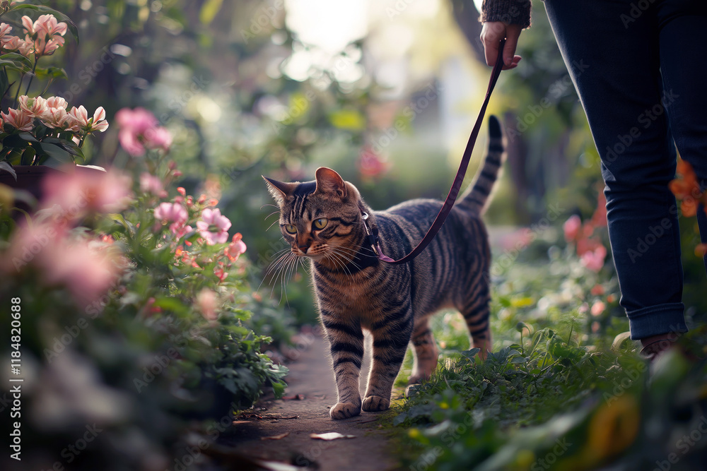 Obraz premium Cat on a leash exploring a blooming garden while its owner stands nearby.