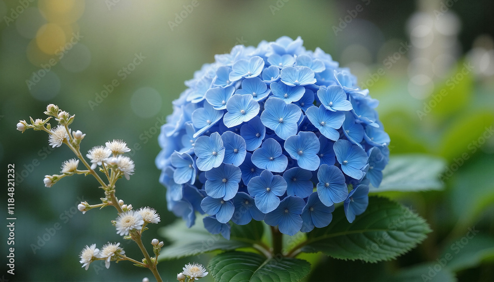 Stunning Blue Hydrangea in Bloom, Spring Garden Scene Stunning Blue Hydrangea in Bloom, Spring Garden Scene