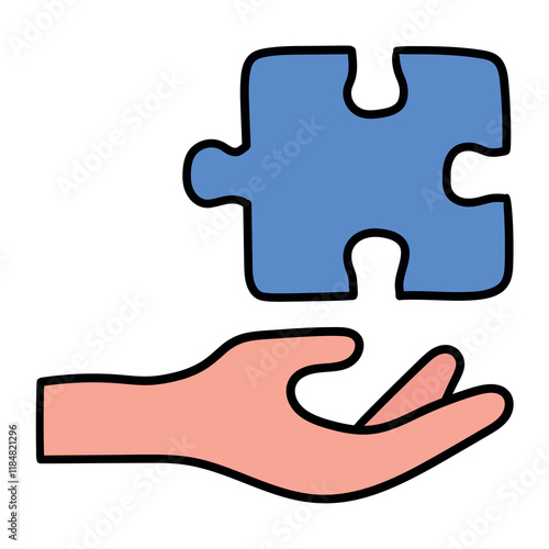 Hand drawn cartoon blue puzzle piece with hand icon on white background.