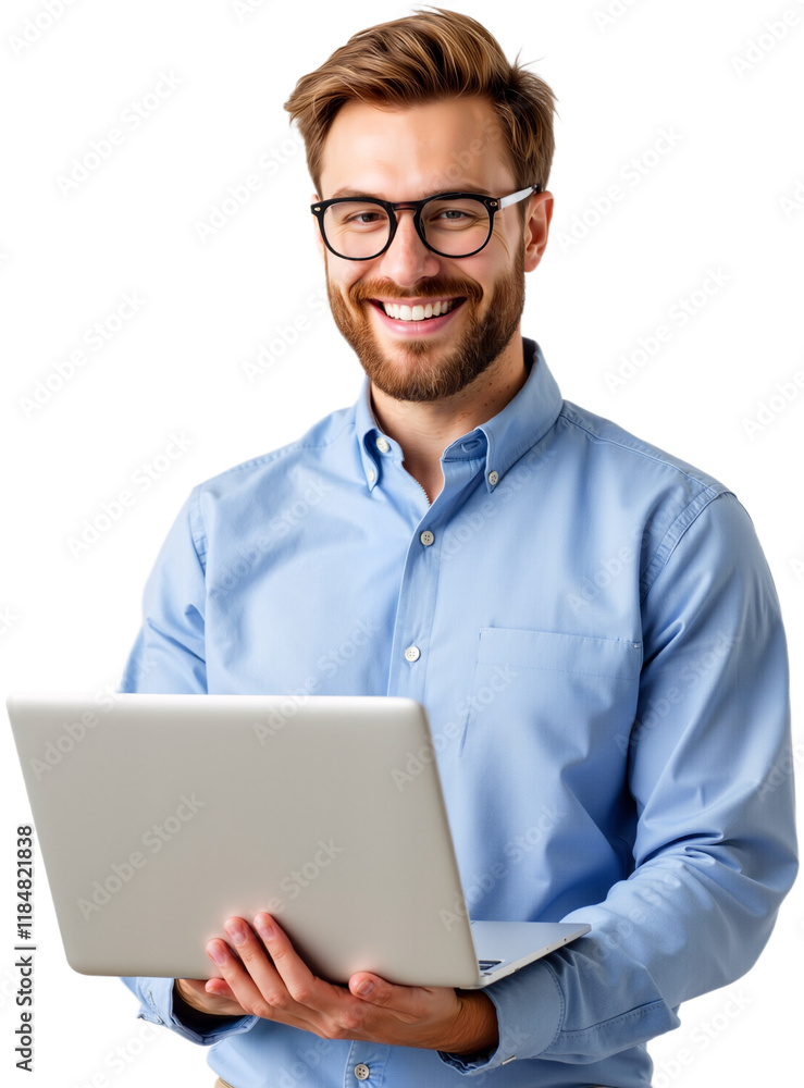 Businessman Holding Laptop, Smiling While Engaging with Media and Sharing Content Online, PNG format Businessman Holding Laptop, Smiling While Engaging with Media and Sharing Content Online, PNG format
