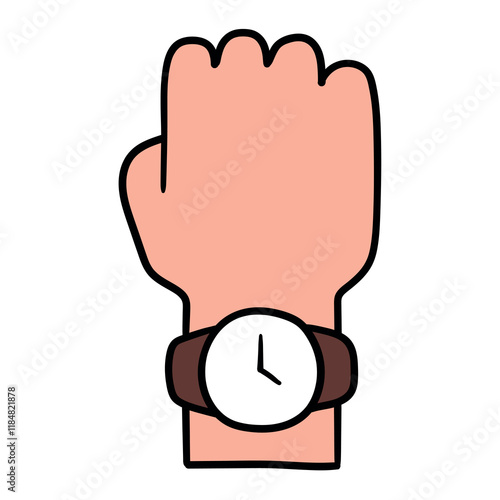 Hand drawn cartoon wristwatch on hand icon on white background.