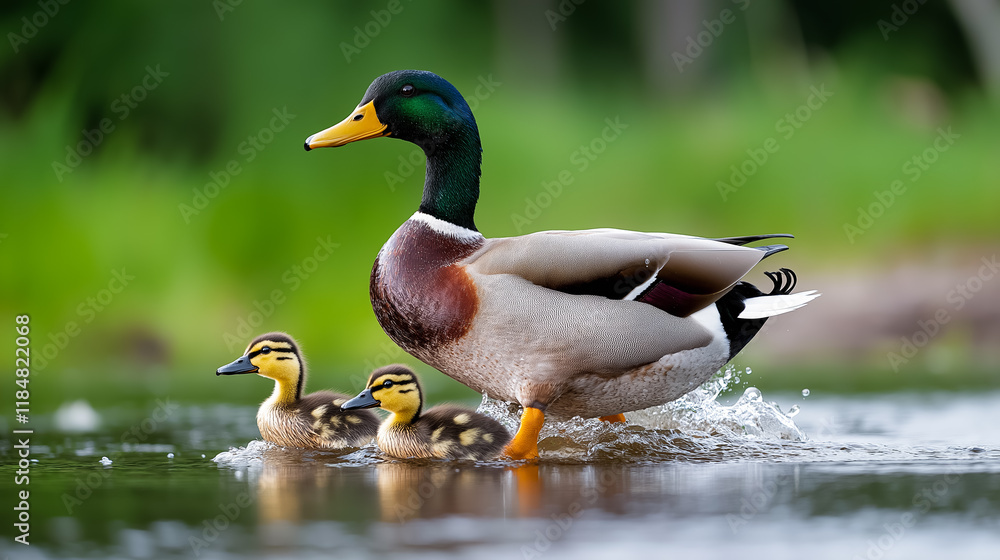 Family of ducks swims together across a serene pond during a sunny day in a lush green environment Family of ducks swims together across a serene pond during a sunny day in a lush green environment