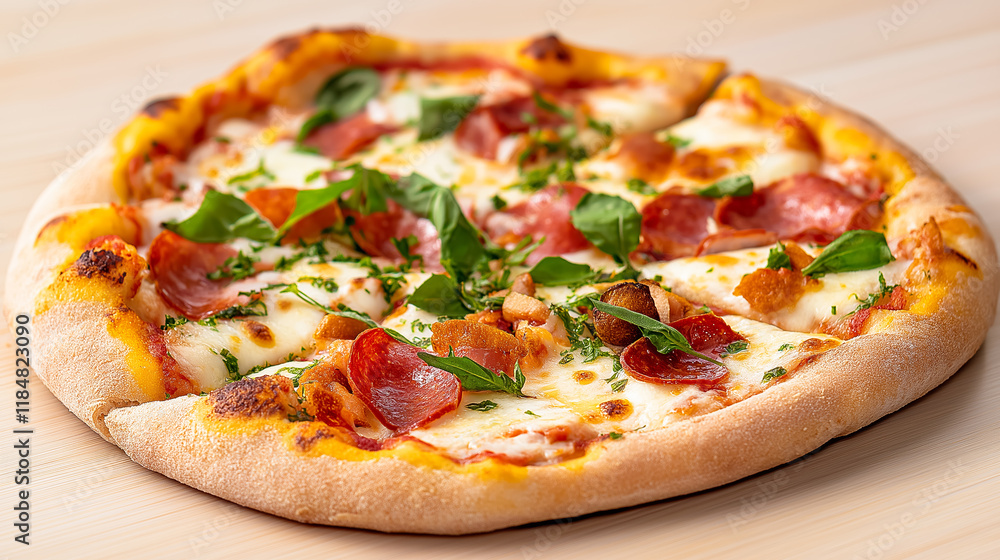 Gourmet pizza close-up featuring fresh ingredients and a golden crust, ideal for food lovers and culinary enthusiasts Gourmet pizza close-up featuring fresh ingredients and a golden crust, ideal for food lovers and culinary enthusiasts
