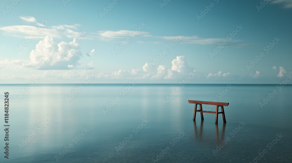A Torii gate partially submerged in tranquil blue waters surrounded by a clear horizon and soft clouds. A Torii gate partially submerged in tranquil blue waters surrounded by a clear horizon and soft clouds.