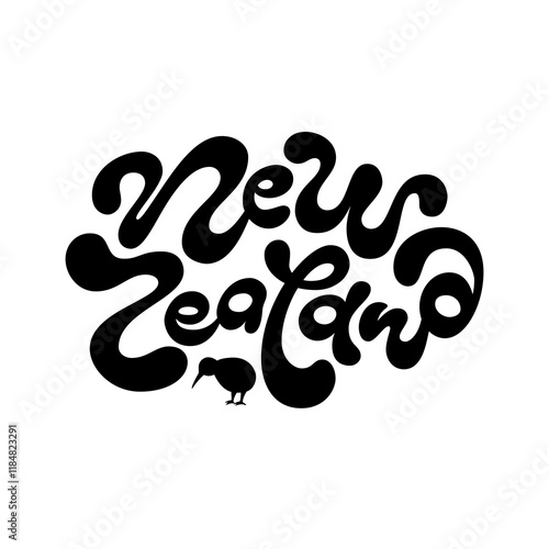 New Zealand lettering sign, handwritten calligraphic logo, cartoon label for sticker, t-shirt, banner, decoration