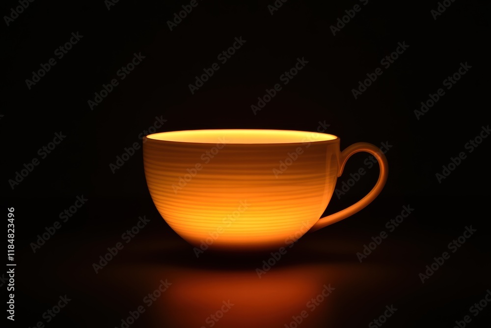 Cup of tea glowing softly against a black background creating a calming ambience Cup of tea glowing softly against a black background creating a calming ambience