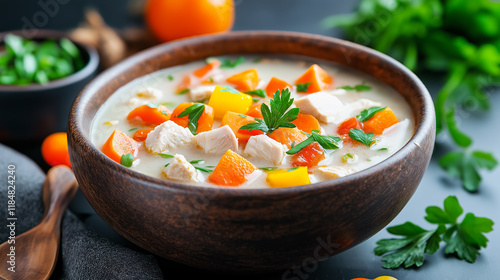 Homemade soup served in a rustic bowl with chicken and vegetables showcasing a cozy kitchen setting in the afternoon light