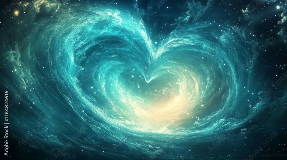 A cosmic heart formation surrounded by swirling blue and green hues, symbolizing love and connection in the universe. A cosmic heart formation surrounded by swirling blue and green hues, symbolizing love and connection in the universe.