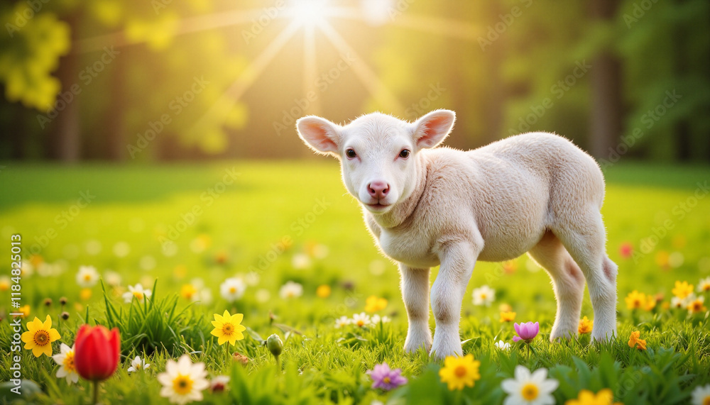 Fototapeta premium Lamb standing on green field with flowers