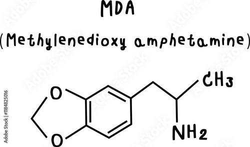 MDA or methylenedioxy amphetamine or chemical structure of MDA methylenedioxy amphetamine isolate vector on transparency background