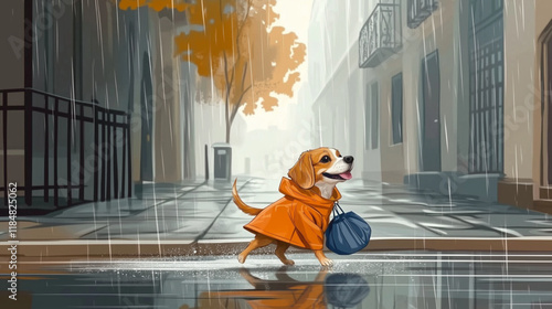 A charming vector design of a dog in a bright raincoat and boots, walking through a rainy city with reflections and raindrops.