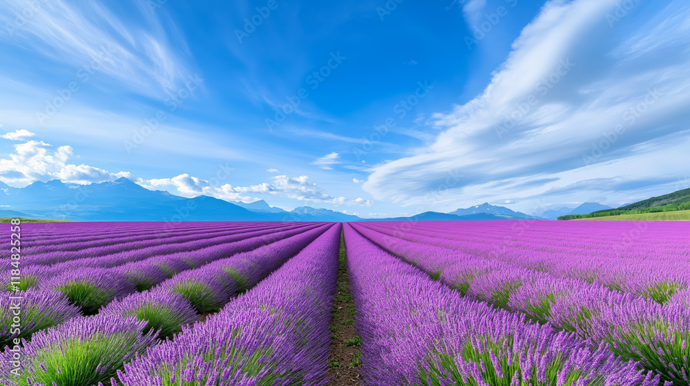 Lavender fields stretch towards the horizon under a vibrant blue sky, showcasing nature's breathtaking palette at sunset Lavender fields stretch towards the horizon under a vibrant blue sky, showcasing nature's breathtaking palette at sunset