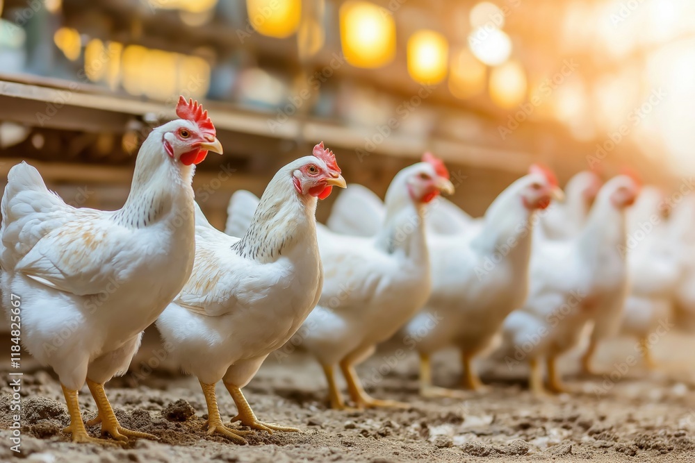Fototapeta premium Rows of healthy white chickens in a bright modern poultry facility with natural lighting