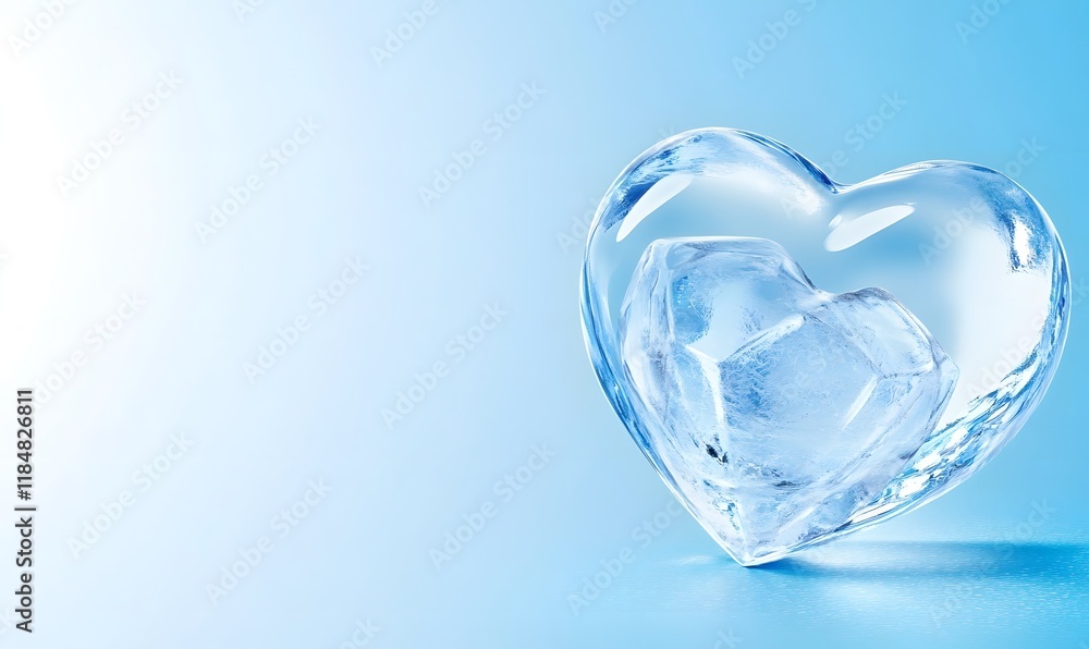 Glass heart filled with ice cubes on blue background. Glass heart filled with ice cubes on blue background.