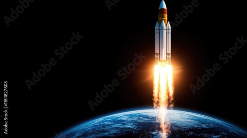 Rocket launch into space earth background digital art sci-fi environment dramatic viewpoint innovation concept photo