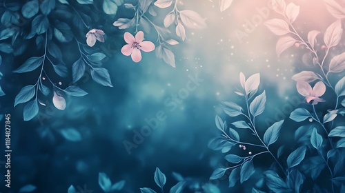 Dreamlike Floral Scene With Delicate Pink Blossoms And Teal Leaves