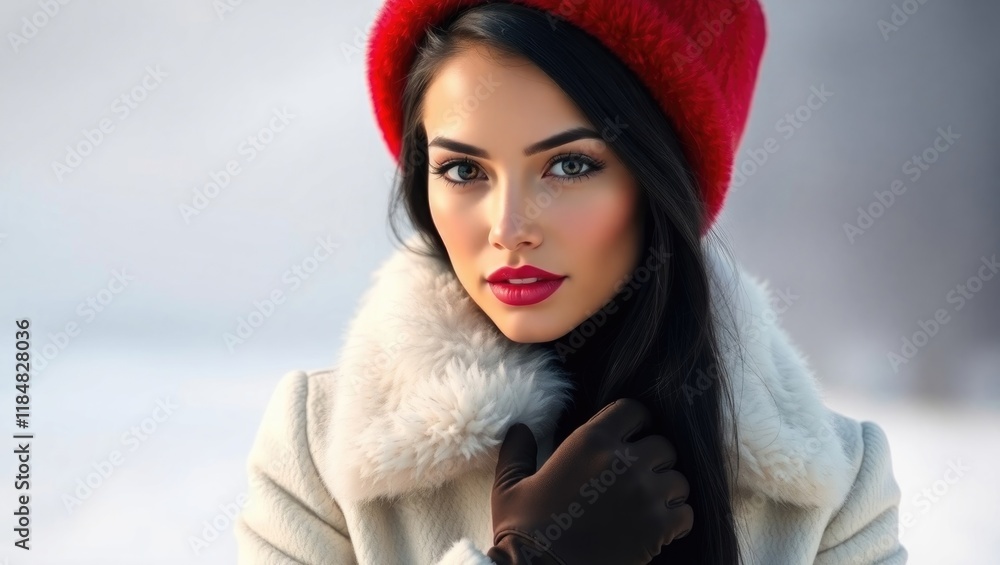 A youthful woman stands gracefully in a winter setting, wearing a fashionable coat and a bold red hat. Her striking look captures the essence of winter fashion A youthful woman stands gracefully in a winter setting, wearing a fashionable coat and a bold red hat. Her striking look captures the essence of winter fashion