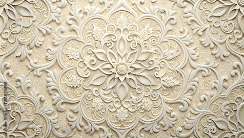 Ornate floral relief design in cream.
