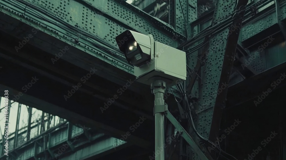 Obraz premium Camera on Bridge with Urban Landscape Background
