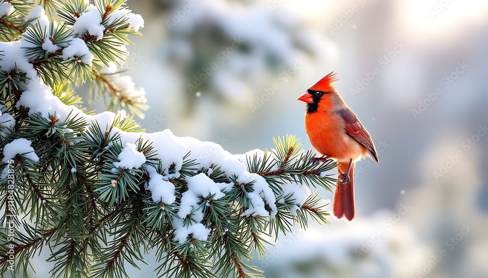 Northern Cardinal on Snow-Covered Pine Branch in Winter Wonderland Northern Cardinal on Snow-Covered Pine Branch in Winter Wonderland