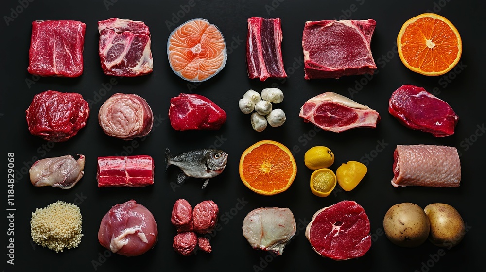 An assortment of raw meats including beef chicken An assortment of raw meats including beef chicken