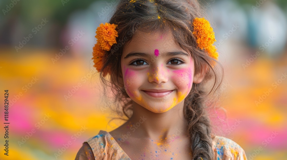 Joyful child celebrating a vibrant festival with colorful powders in a blooming garden Joyful child celebrating a vibrant festival with colorful powders in a blooming garden