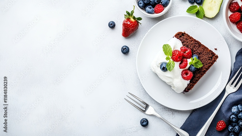 Slice of soft magic cake garnished with strawberries, blueberries, and mint leaves sits on a plate ready for a delightful breakfast treat Slice of soft magic cake garnished with strawberries, blueberries, and mint leaves sits on a plate ready for a delightful breakfast treat