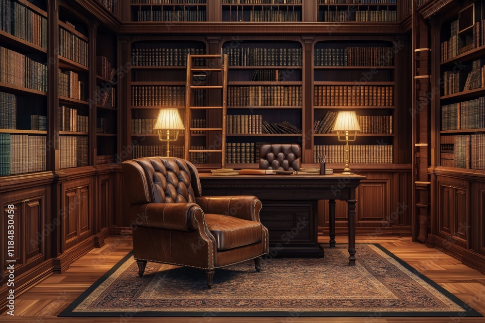 Elegant home library with a plush leather armchair, large wall-to-wall bookshelves, a classic wooden desk, and warm lighting creating a cozy atmosphere. Elegant home library with a plush leather armchair, large wall-to-wall bookshelves, a classic wooden desk, and warm lighting creating a cozy atmosphere.