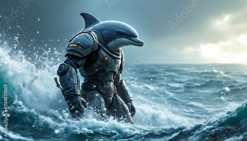 Dolphin in futuristic armor emerges from the ocean waves, a digital painting.