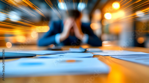 Wallpaper Mural A frustrated person among scattered papers in a bustling evening workplace Torontodigital.ca