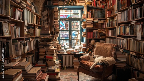 A cozy and cluttered library filled with books arranged on shelves and stacked haphazardly around the room. In the center, a comfortable, vintage armchair invites readers to sit, while a white cat lou photo