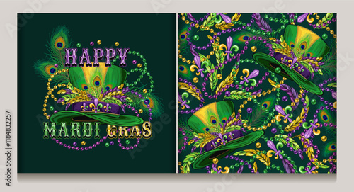 Mardi Gras green emblem, seamless pattern with top hat with fleur de lis pins, feathers, intertwined interlaced strings of beads, text. Holiday illustrations in vintage style.