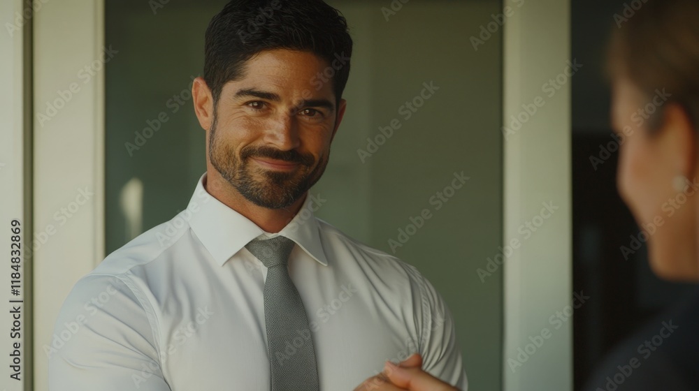 A man in a white shirt and gray tie is smiling at the camera. He is wearing a tie that has a pattern of squares and circles A man in a white shirt and gray tie is smiling at the camera. He is wearing a tie that has a pattern of squares and circles