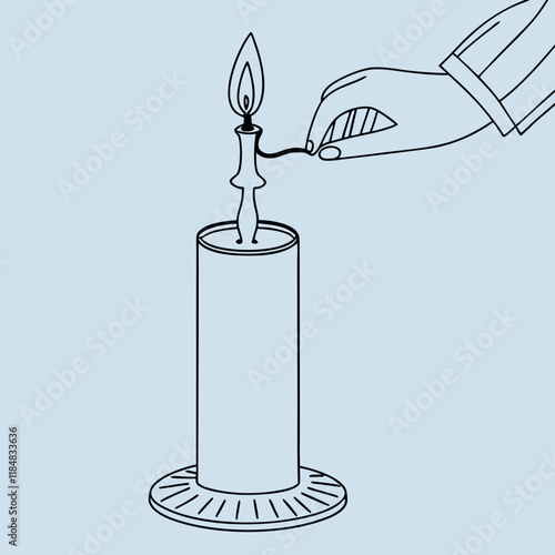 Hand lighting a candle on pastel blue background