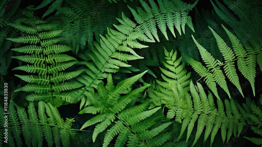 Obraz premium Delicate green fern fronds on dark green background 