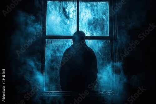 paranormal ghost apparition silhouette behind window at night with creepy horror atmosphere for halloween theme photo