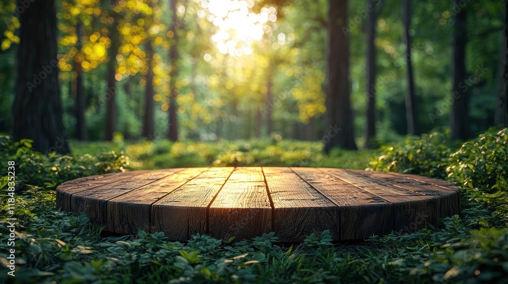 Naklejka premium Sunlit Wooden Platform in a Forest Clearing Surrounded by Lush Greenery and Nature's Beauty