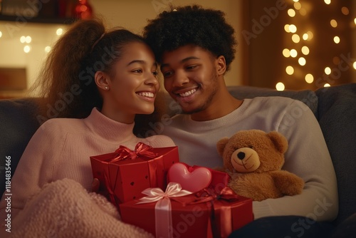 Happy african young couple celebrating romantic holiday with gifts and bear photo