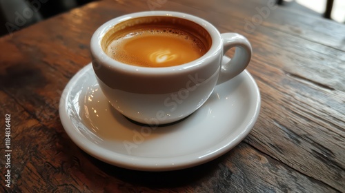 A cup of light coffee in a coffee shop table the theme is light brown, the cup showing entirely on the table in a white coffee espresso mag 