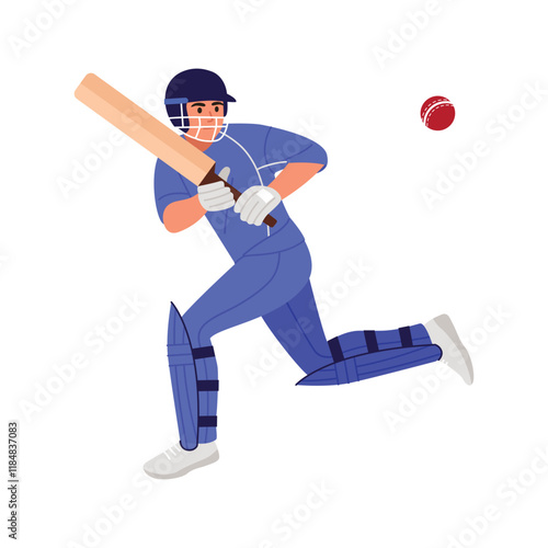 Vector illustration of a cricket player. Cartoon scene of a guy holding a bat, hitting a ball, wearing a protective helmet, t-shirt, pants, sneakers, knee pads isolated on white background. Team game.