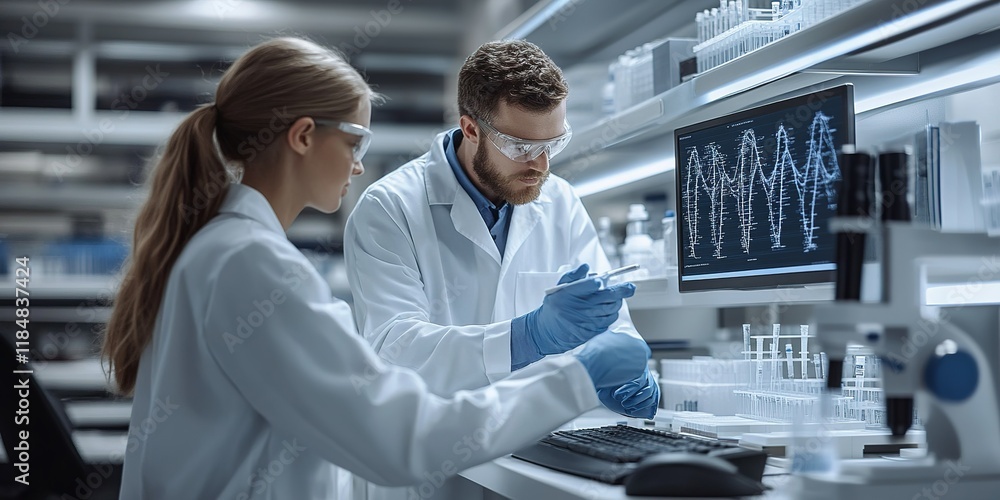 Team of scientists conducting research in a modern laboratory on a complex biochemical project Team of scientists conducting research in a modern laboratory on a complex biochemical project
