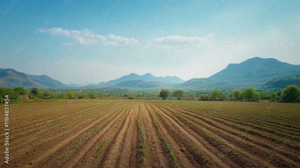 A wide-angle shot of Saswad, with fields of crops and distant mountains under a clear blue sky A wide-angle shot of Saswad, with fields of crops and distant mountains under a clear blue sky
