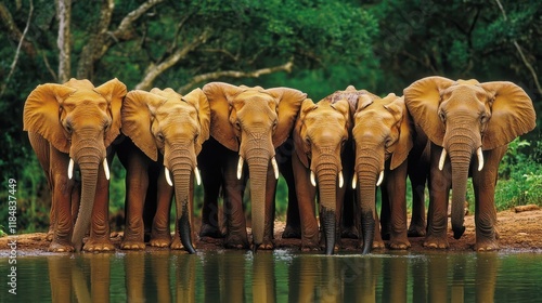 A group of elephants drinking water at a watering hole in a lush forest. photo