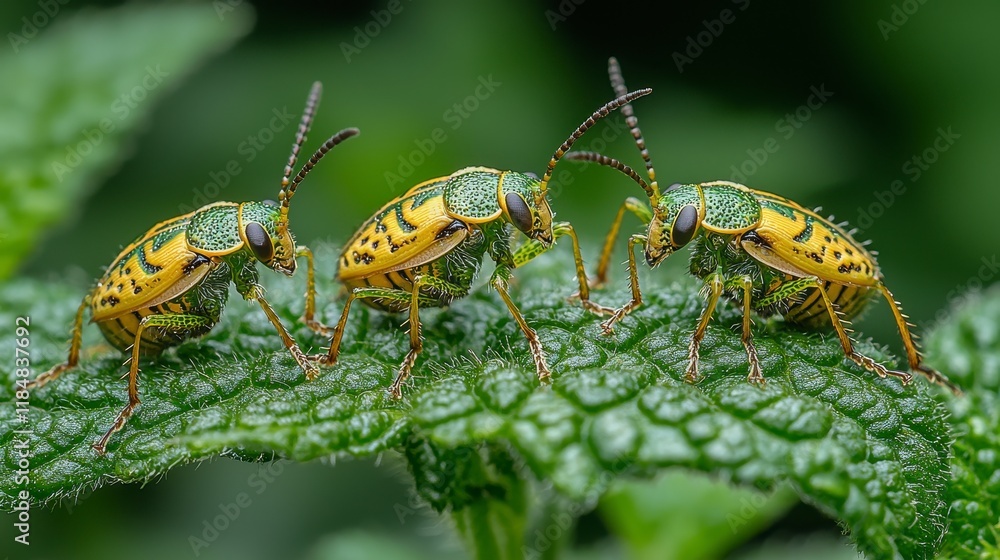 Naklejka premium Three vibrant green and yellow leaf beetles on a leaf.