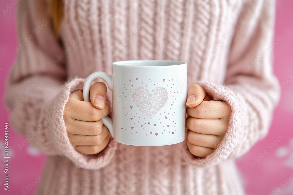 Cozy pink sweater and heart mug warmth Cozy pink sweater and heart mug warmth