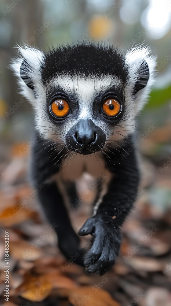 Obraz premium Lemur closeup in autumn leaves wildlife nature photography high resolution hd picture