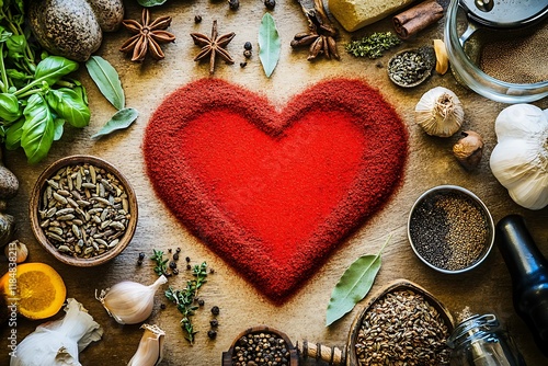 Fototapeta Naklejka Na Ścianę i Meble -  Overhead view of a red heart formed by arranging various spices and herbs on a kitchen counter, symbolizing love for cooking.