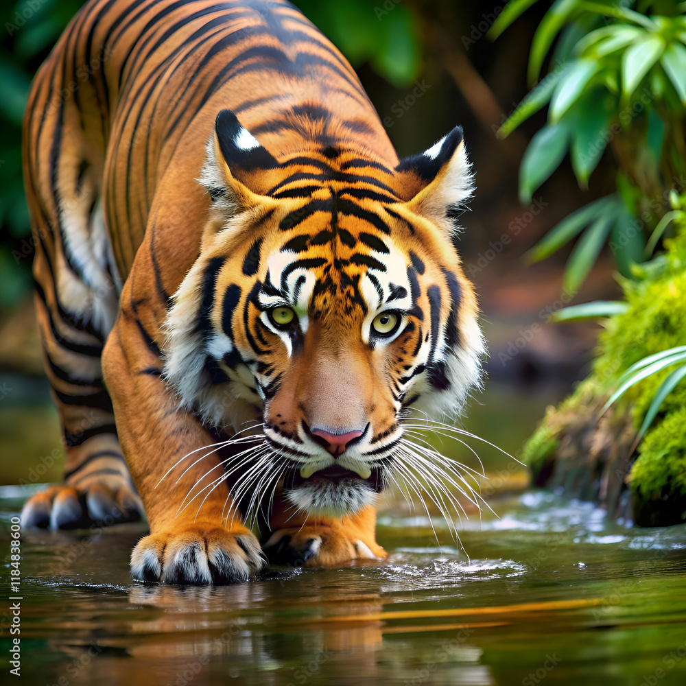 Fototapeta premium Intense tiger stalking in the water.