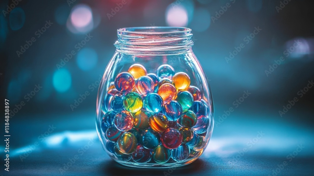 Glass jar filled with colorful, translucent spheres.