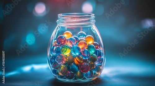 Obraz na płótnie Glass jar filled with colorful, translucent spheres. w salonie